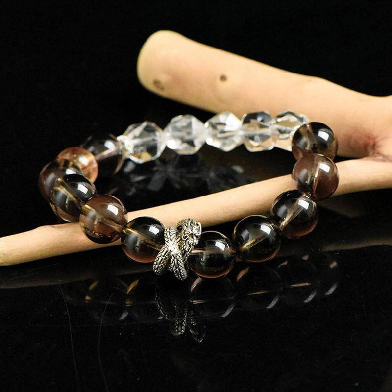 Smoky Quartz bracelet with faceted Clear Quartz, Citrine, and silver charms – grounding crystal jewelry by Roline Crystal