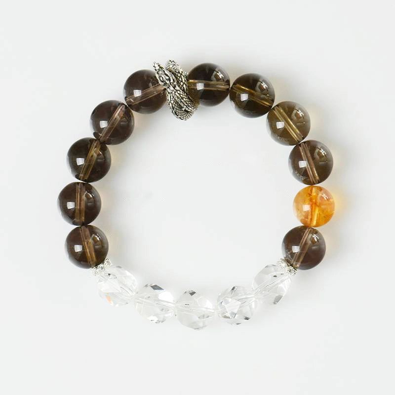 Smoky Quartz bracelet with faceted Clear Quartz, Citrine, and silver charms – grounding crystal jewelry by Roline Crystal
