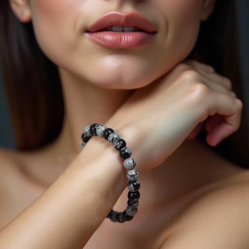 Snowflake Obsidian bracelet with 8mm speckled beads by Roline Crystal