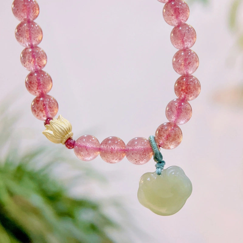 Strawberry Crystal bracelet with Nephrite Jade Ruyi charm by Roline Crystal