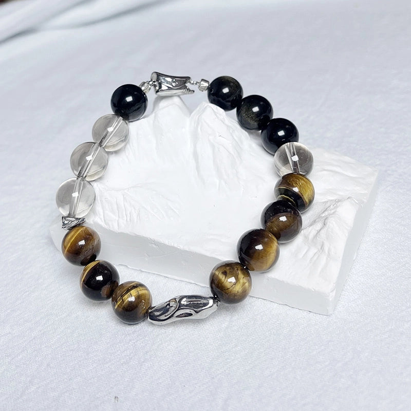 Tiger’s Eye bracelet with Smoky Quartz, Golden Sheen Obsidian, and silver accents – emotional stability jewelry by Roline Crystal