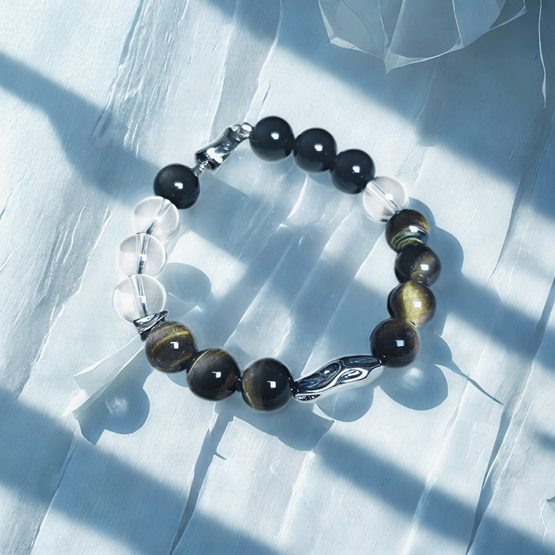 Tiger’s Eye bracelet with Smoky Quartz, Golden Sheen Obsidian, and silver accents – emotional stability jewelry by Roline Crystal