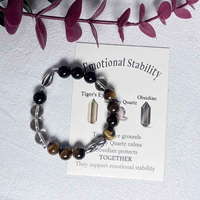 Tiger’s Eye bracelet with Smoky Quartz, Golden Sheen Obsidian, and silver accents – emotional stability jewelry by Roline Crystal