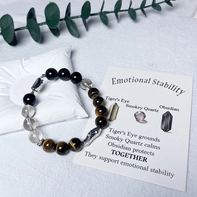 Tiger’s Eye bracelet with Smoky Quartz, Golden Sheen Obsidian, and silver accents – emotional stability jewelry by Roline Crystal