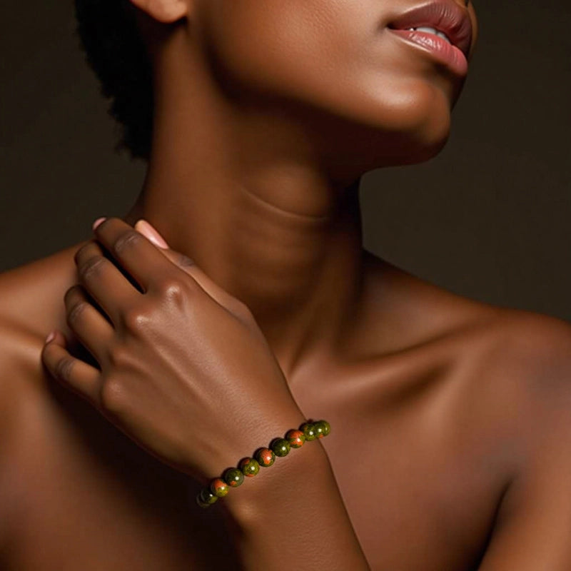 Unakite bracelet with 8mm speckled green and pink beads by Roline Crystal