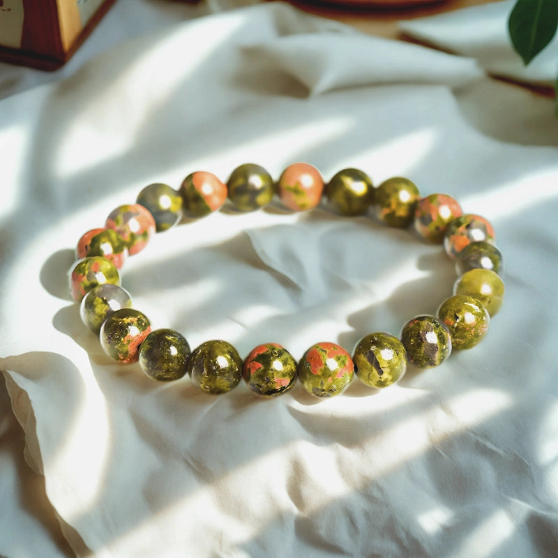 Unakite bracelet with 8mm speckled green and pink beads by Roline Crystal
