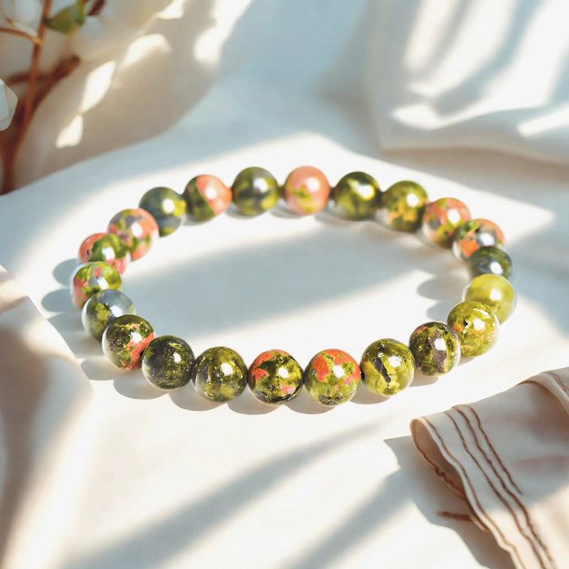 Unakite bracelet with 8mm speckled green and pink beads by Roline Crystal