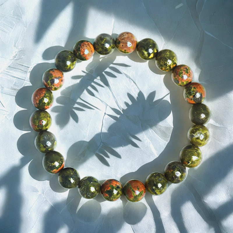 Unakite bracelet with 8mm speckled green and pink beads by Roline Crystal