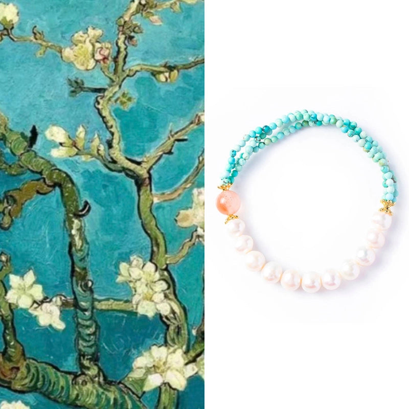Van Gogh Almond Blossom-inspired Turquoise bracelet with pearls, agate, and gold accents by Roline Crystal