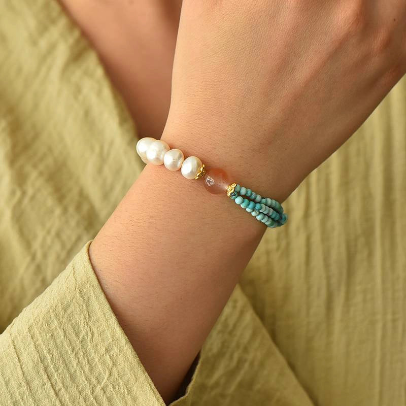Van Gogh Almond Blossom-inspired Turquoise bracelet with pearls, agate, and gold accents by Roline Crystal