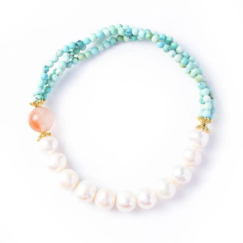 Van Gogh Almond Blossom-inspired Turquoise bracelet with pearls, agate, and gold accents by Roline Crystal