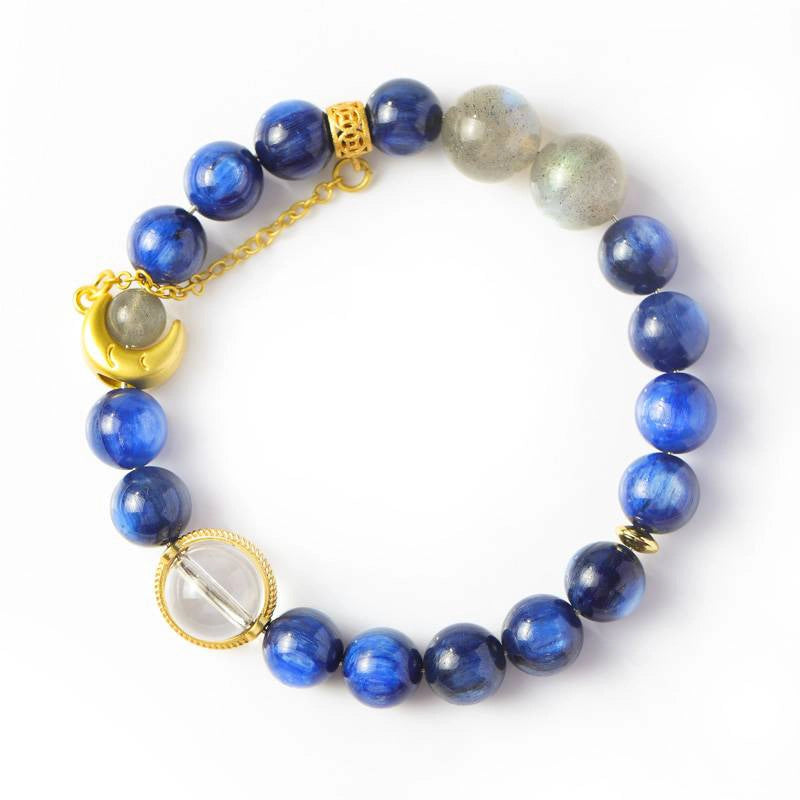Van Gogh Starry Night-inspired Blue Crystal bracelet with Moonstone, Clear Quartz, and gold moon charm by Roline Crystal