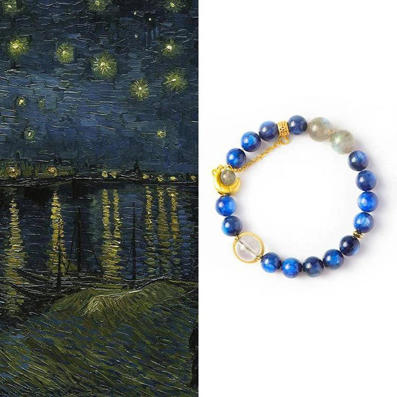 Van Gogh Starry Night-inspired Blue Crystal bracelet with Moonstone, Clear Quartz, and gold moon charm by Roline Crystal