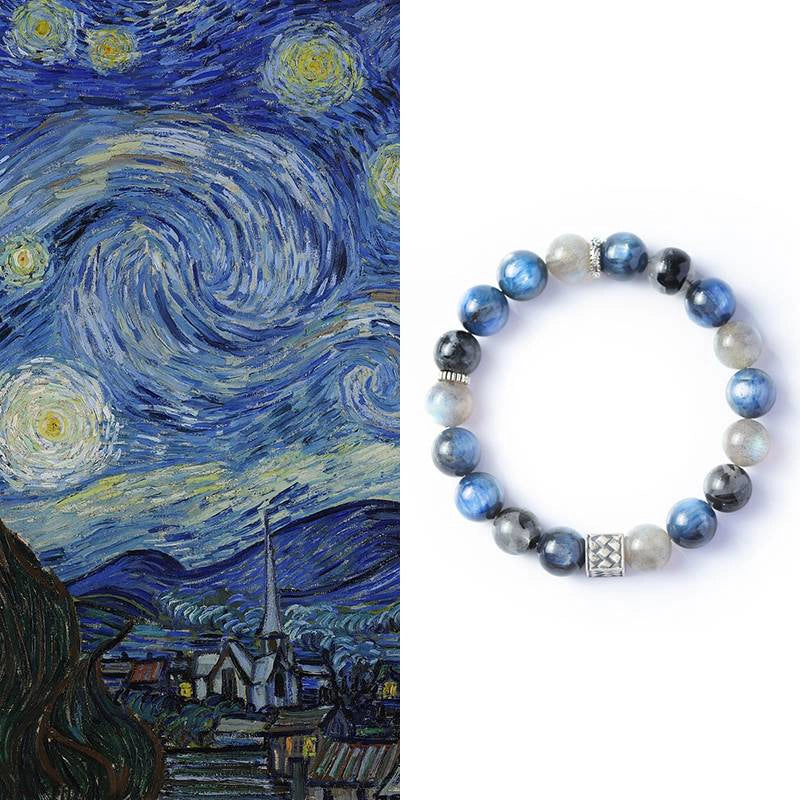 Van Gogh Starry Night-inspired Blue Rutilated Quartz bracelet with Moonstone and silver accents by Roline Crystal