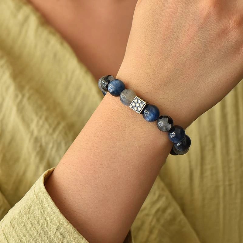 Van Gogh Starry Night-inspired Blue Rutilated Quartz bracelet with Moonstone and silver accents by Roline Crystal