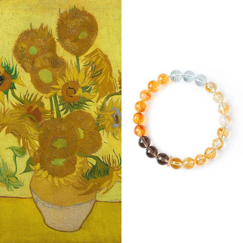 Van Gogh Sunflower-inspired Citrine bracelet with Smoky Quartz and Green Phantom Quartz by Roline Crystal