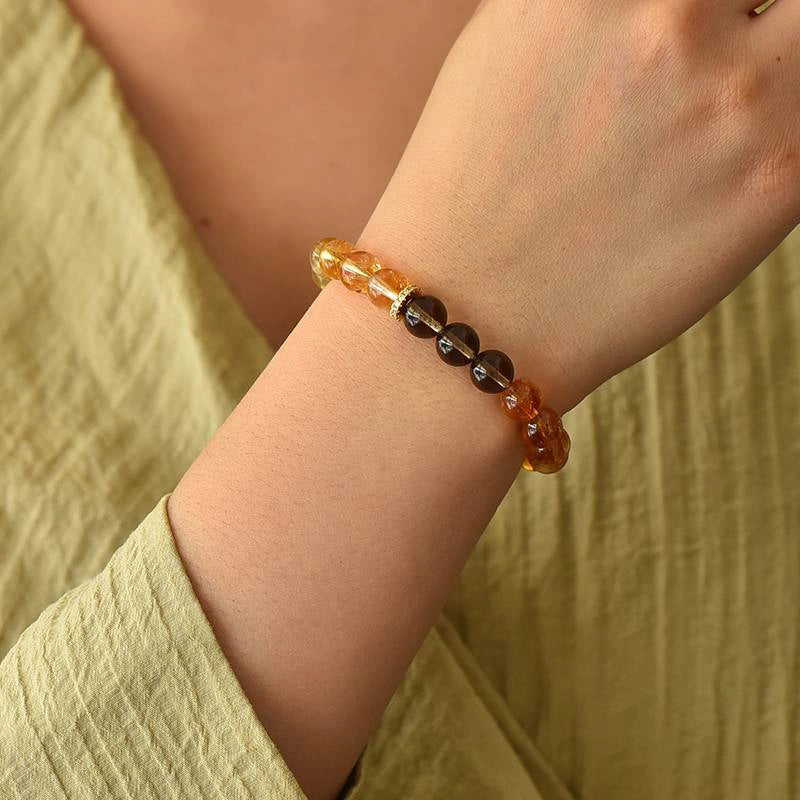 Van Gogh Sunflower-inspired Citrine bracelet with Smoky Quartz and Green Phantom Quartz by Roline Crystal