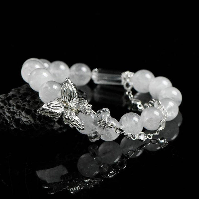 White Phantom Quartz bracelet with Clear Quartz, silver butterfly charms, and chain – spiritual jewelry by Roline Crystal