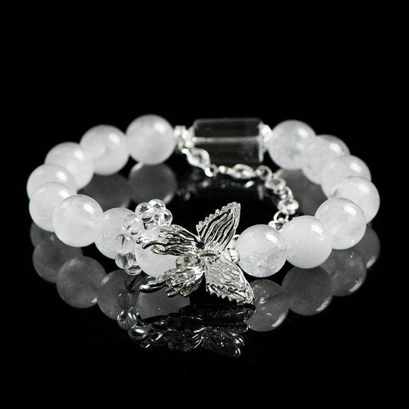 White Phantom Quartz bracelet with Clear Quartz, silver butterfly charms, and chain – spiritual jewelry by Roline Crystal