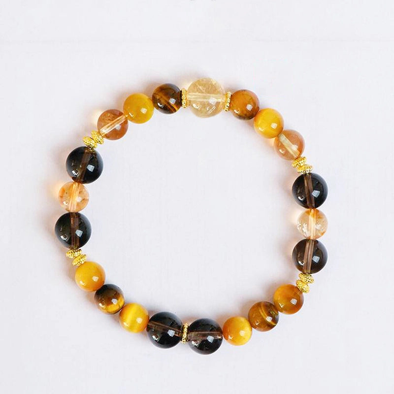 Yellow Topaz couple bracelets with Tiger Eye, Smoky Quartz, and gold accents – matching energy jewelry by Roline Crystal