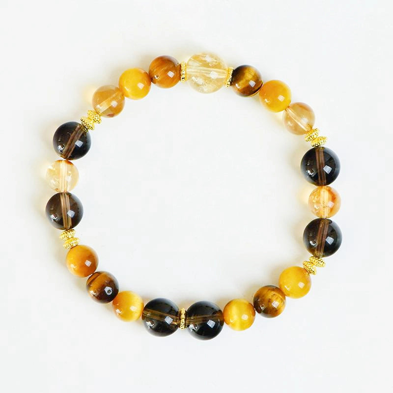 Yellow Topaz couple bracelets with Tiger Eye, Smoky Quartz, and gold accents – matching energy jewelry by Roline Crystal