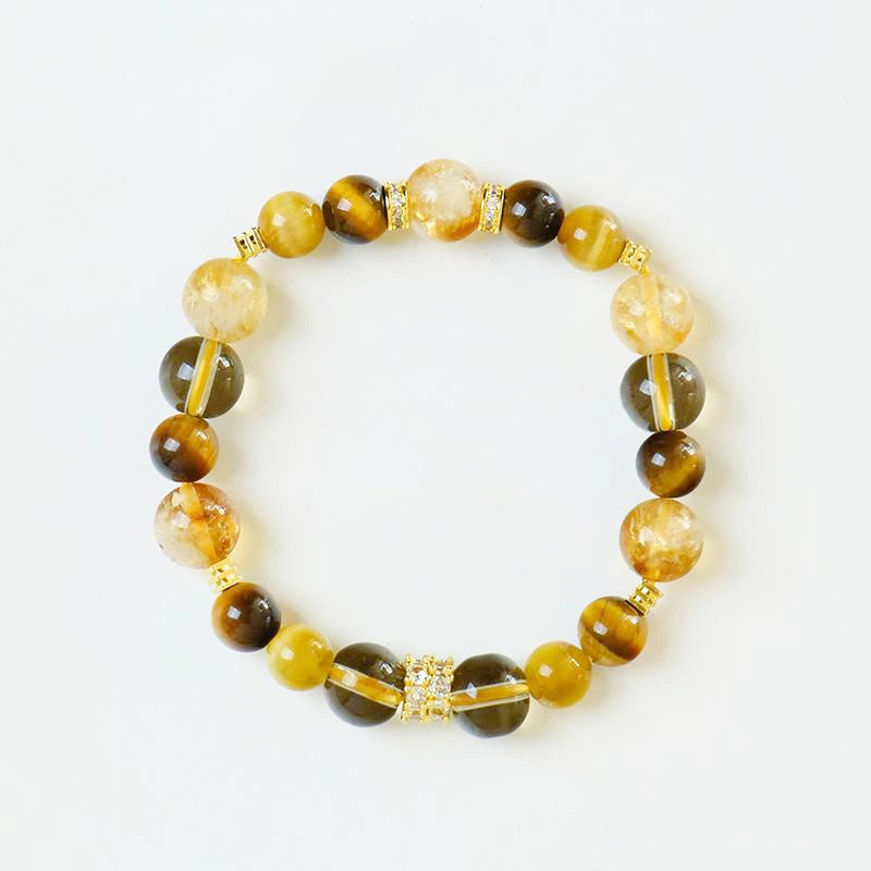 Yellow Topaz couple bracelets with Tiger Eye, Smoky Quartz, and gold accents – matching energy jewelry by Roline Crystal
