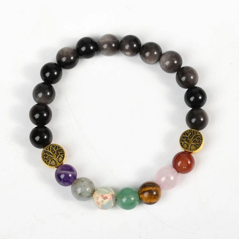 Silver Obsidian Bracelet with Symbolic Charms - Tree of Life, Owl & Lion | Roline Crystal