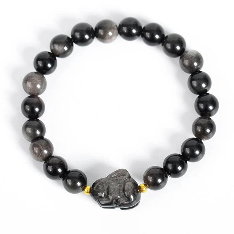 Silver Obsidian bracelet with floral, nine-tailed fox, and rabbit charms by Roline Crystal