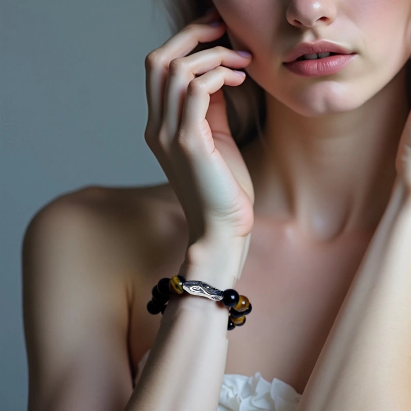 Tiger’s Eye bracelet with Smoky Quartz, Golden Sheen Obsidian, and silver accents – emotional stability jewelry by Roline Crystal