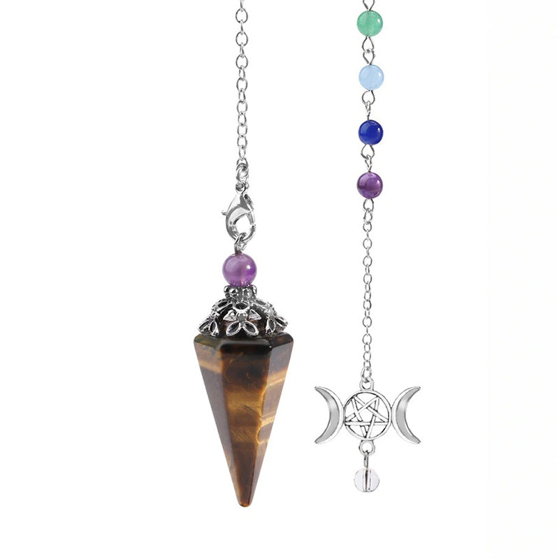 Natural crystal hexagonal cone-shaped pendulum with star and moon colorful chain - the mysterious key to witch magic