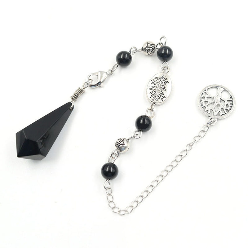 Natural crystal pendulum - hexagonal column shape, tree of life chain, essential for witch magic