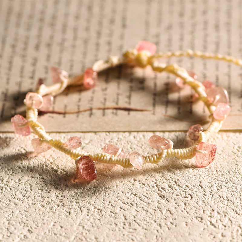 Handwoven Crystal Gravel Braided Rope Bracelet-Peridot，Strawberry Quartz，Citrine，Aquamarine