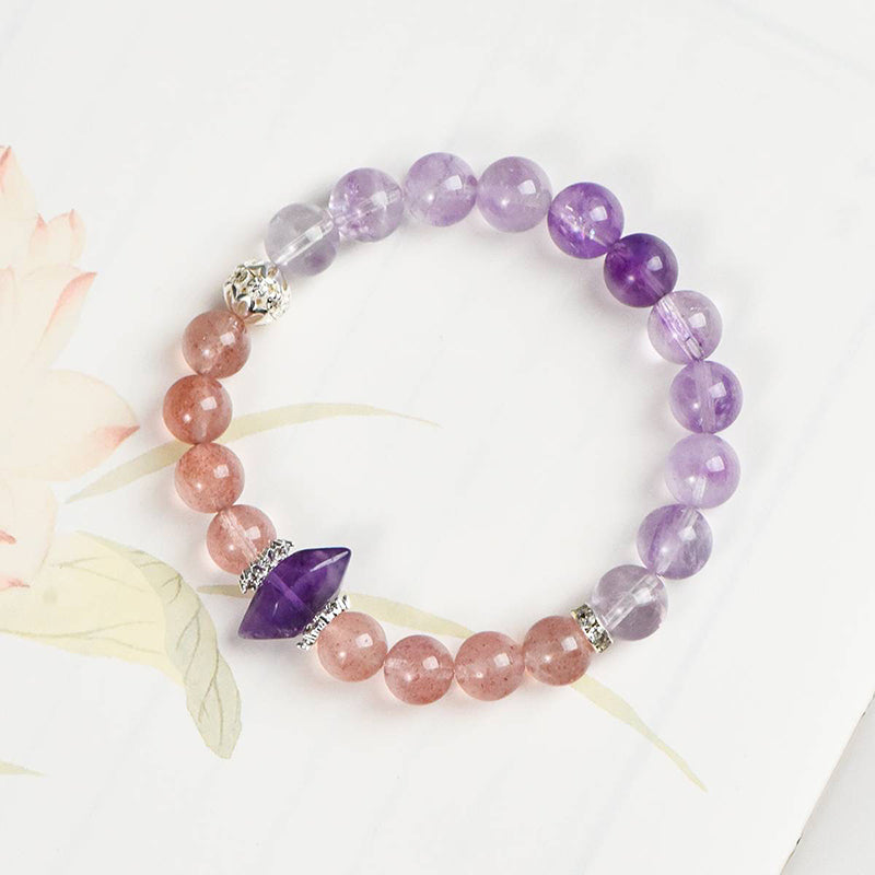 Amethyst and Strawberry Quartz Crystal Bracelet with Double Pointed Column