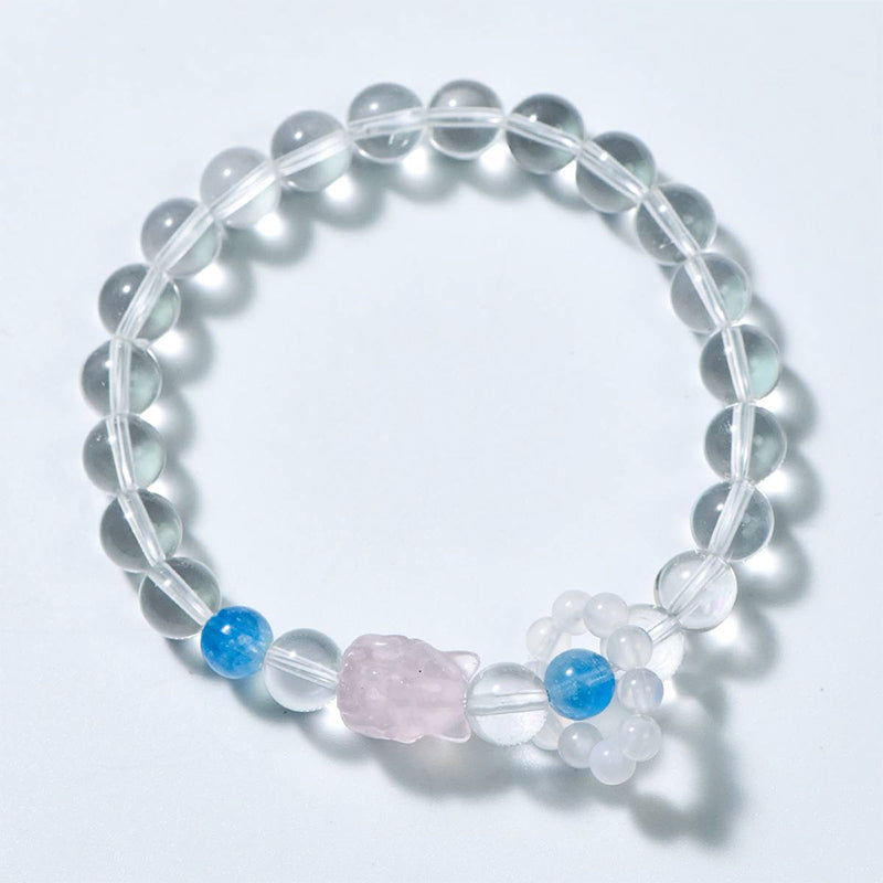 Clear Quartz Bracelet with Aquamarine & Pink Quartz Fox Fairy