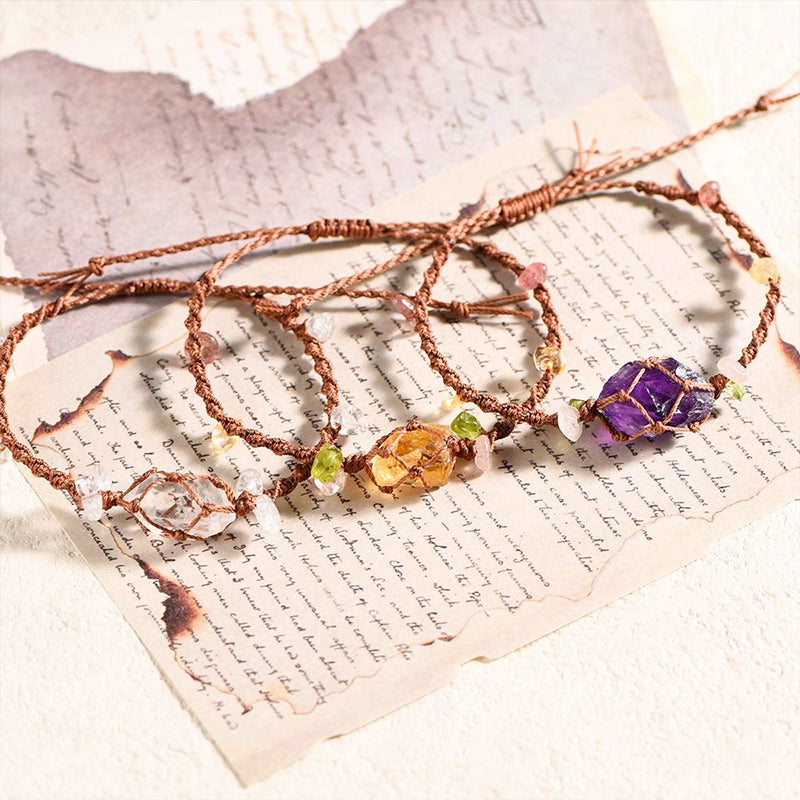 Handwoven Crystal Raw Stone Bracelet-Wax Rope Braid-Citrine, Amethyst, Green Fluorite, Blue Crystal