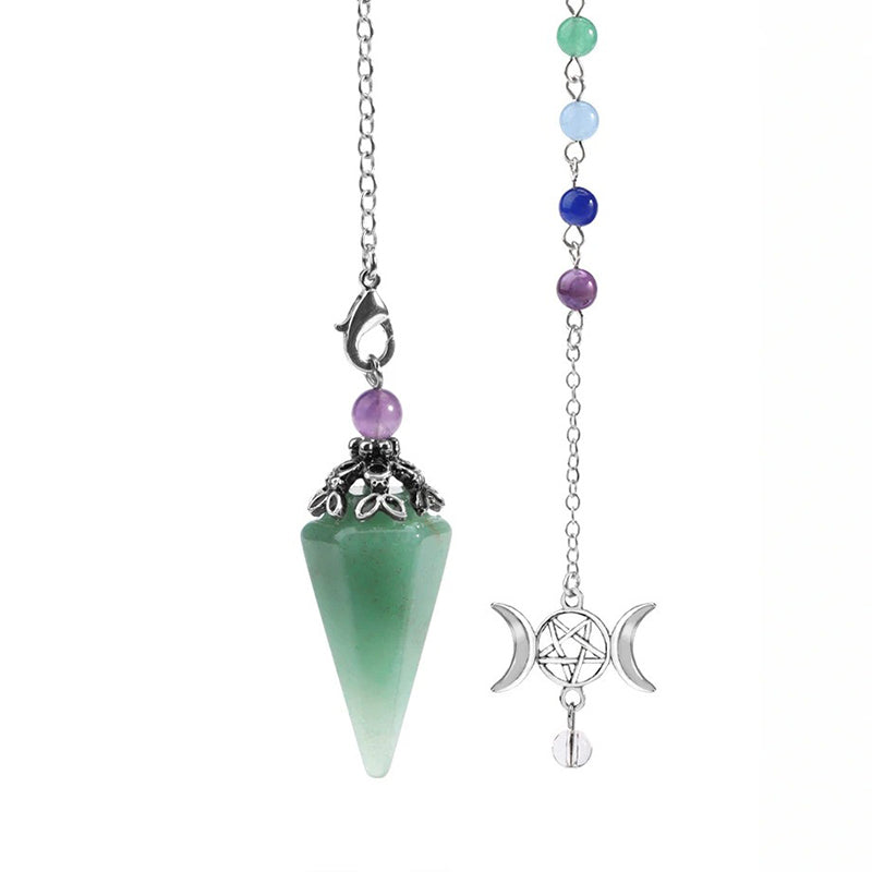 Natural crystal hexagonal cone-shaped pendulum with star and moon colorful chain - the mysterious key to witch magic