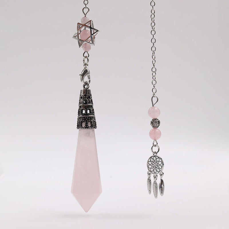 Natural crystal 12-facet hexagonal column pendulum with dream catcher - the protection and inspiration of witch magic