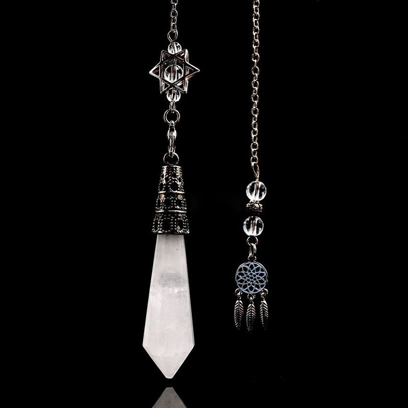 Natural crystal 12-facet hexagonal column pendulum with dream catcher - the protection and inspiration of witch magic