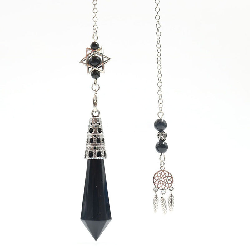 Natural crystal 12-facet hexagonal column pendulum with dream catcher - the protection and inspiration of witch magic