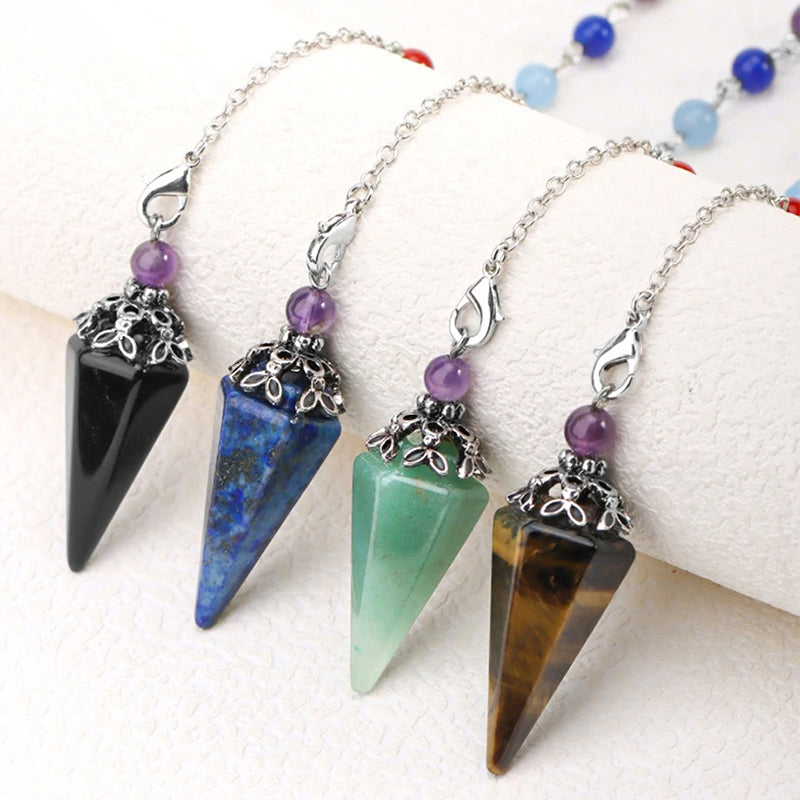 Natural crystal hexagonal cone-shaped pendulum with star and moon colorful chain - the mysterious key to witch magic