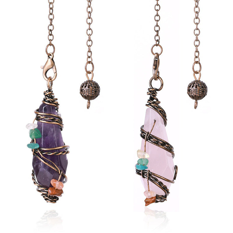 Natural crystal pendulum: colorful gravel hand-wound & rhombus faceted crystal column - leading the witch's magical journey