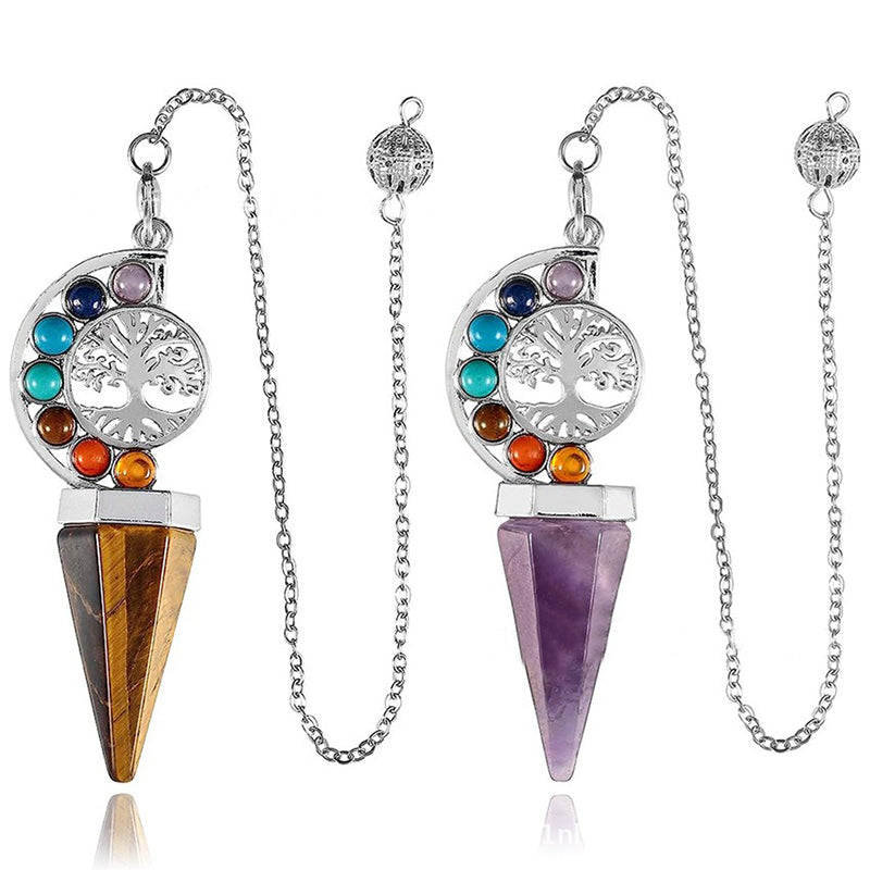 Natural crystal pendulum - hexagonal cone shape, 7-color tree of life decoration, essential for witch magic