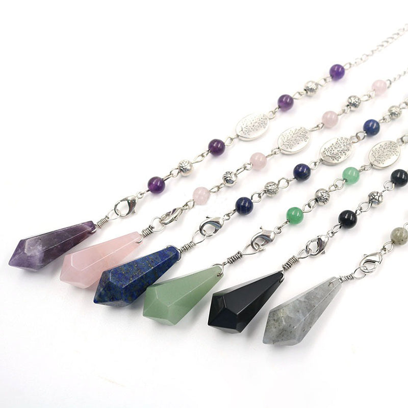 Natural crystal pendulum - hexagonal column shape, tree of life chain, essential for witch magic