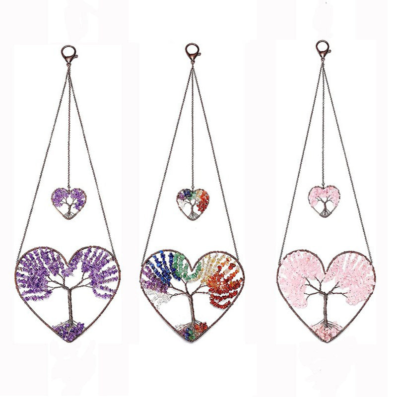 Crystal Dream Catcher Wind Chime - 7 Colorful Gravels & Big and Small Love Hearts - Witch Magic Style