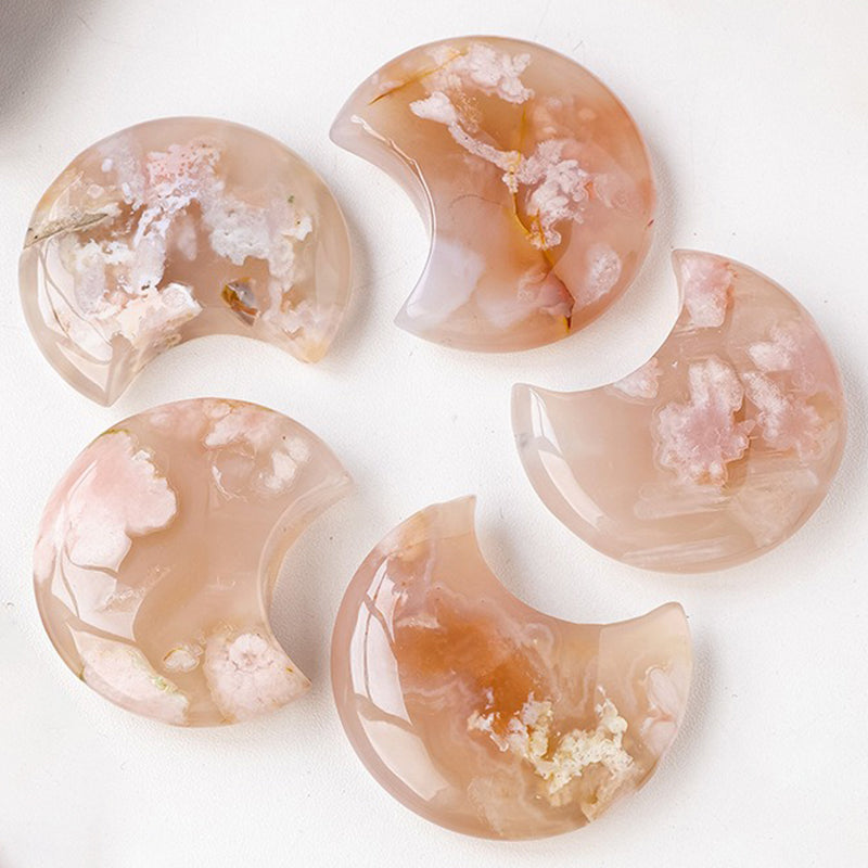 Cherry Blossom Agate Moon Palm Stone - Journey into Bliss, Identity & Inner Serenity