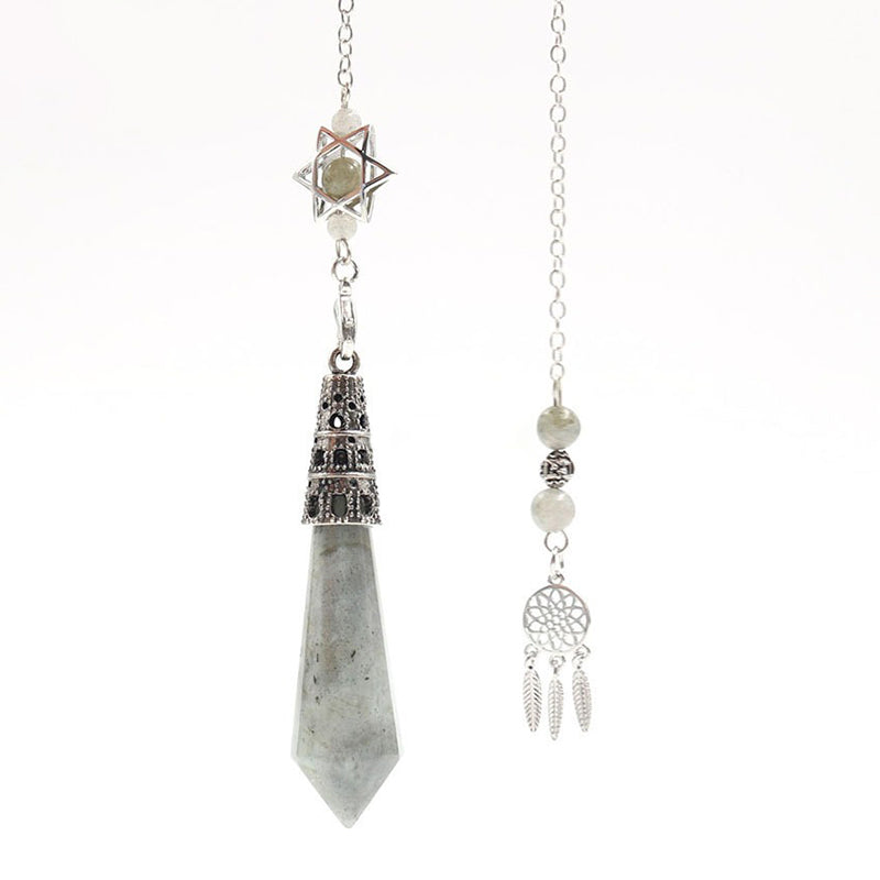 Natural crystal 12-facet hexagonal column pendulum with dream catcher - the protection and inspiration of witch magic