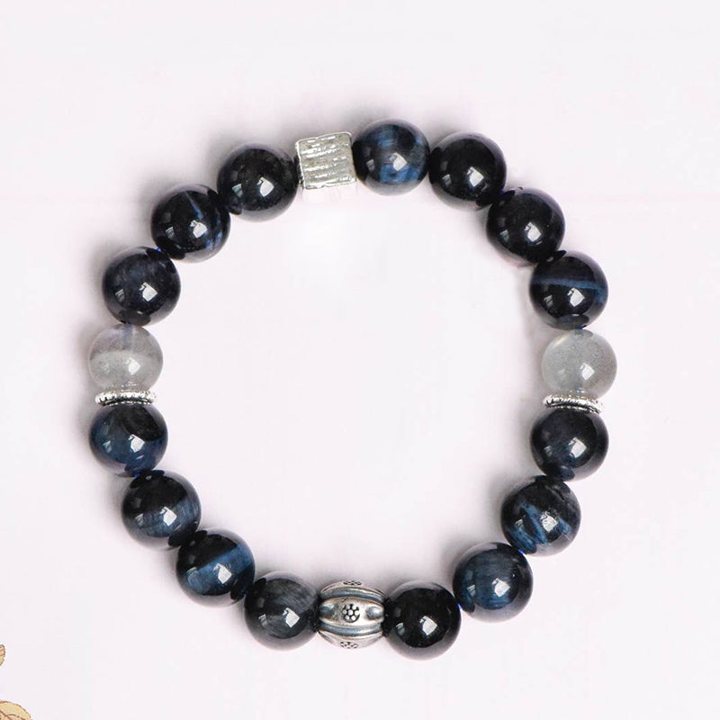 Blue Tiger Eye Bracelet with Gray Moonstone and Sterling Silver Accents