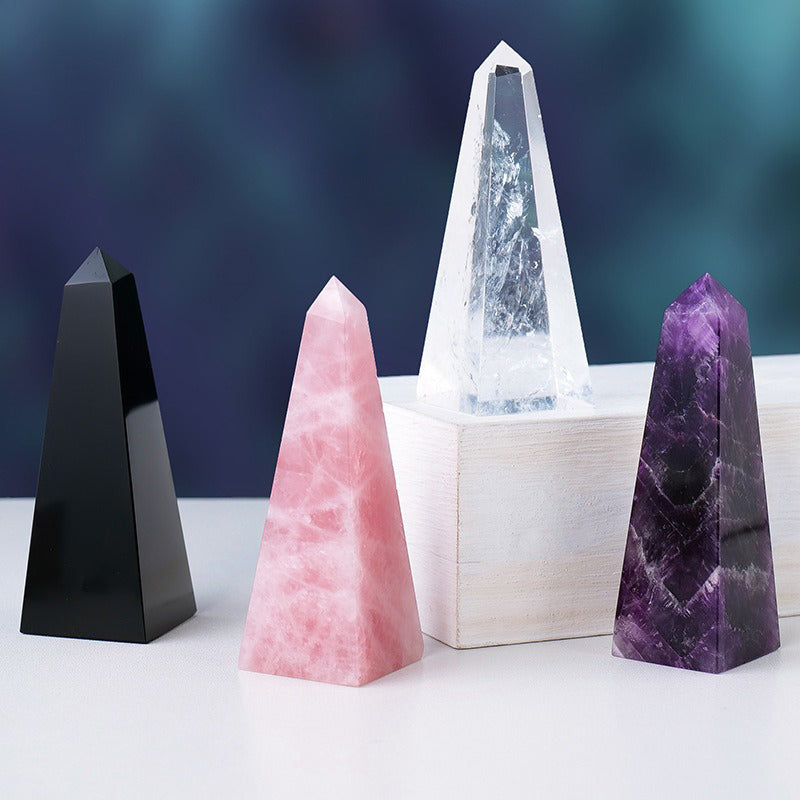 Rose Quartz, Obsidian Crystal, Amethyst, Clear Quartz Pyramid Crystal-Enhance Love, Protection, Wisdom & Energy