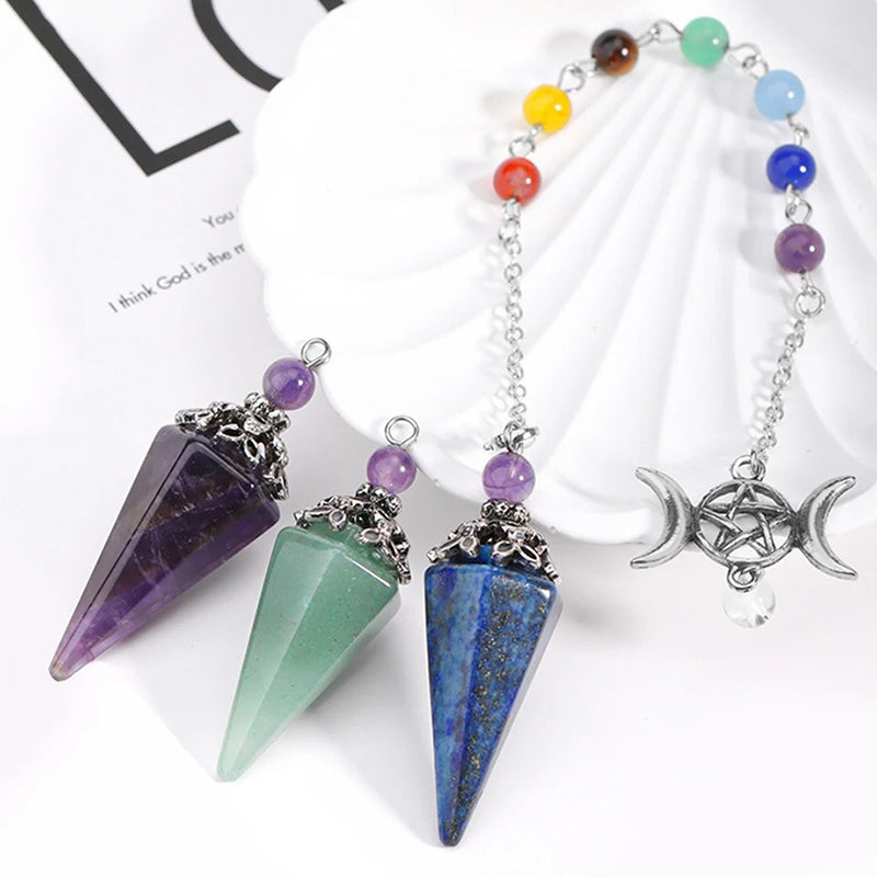 Natural crystal hexagonal cone-shaped pendulum with star and moon colorful chain - the mysterious key to witch magic