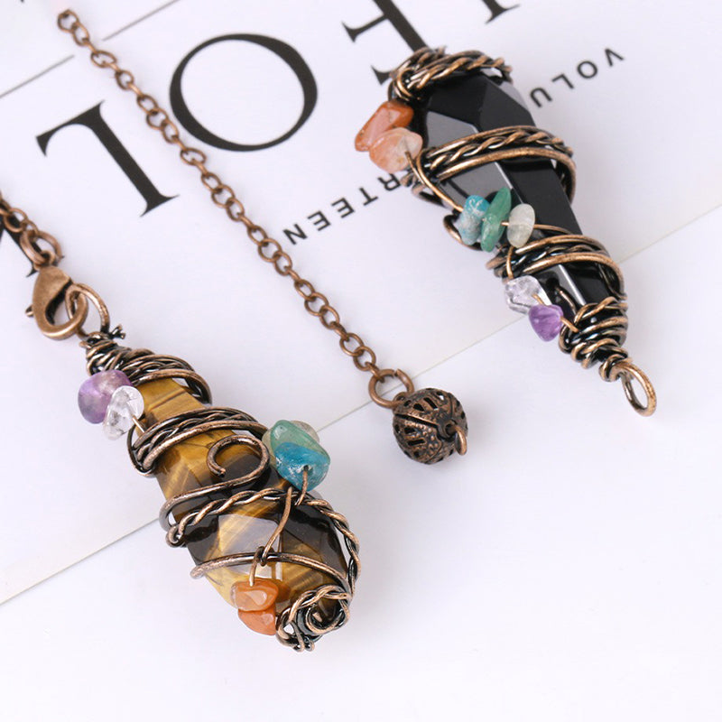 Natural crystal pendulum: colorful gravel hand-wound & rhombus faceted crystal column - leading the witch's magical journey